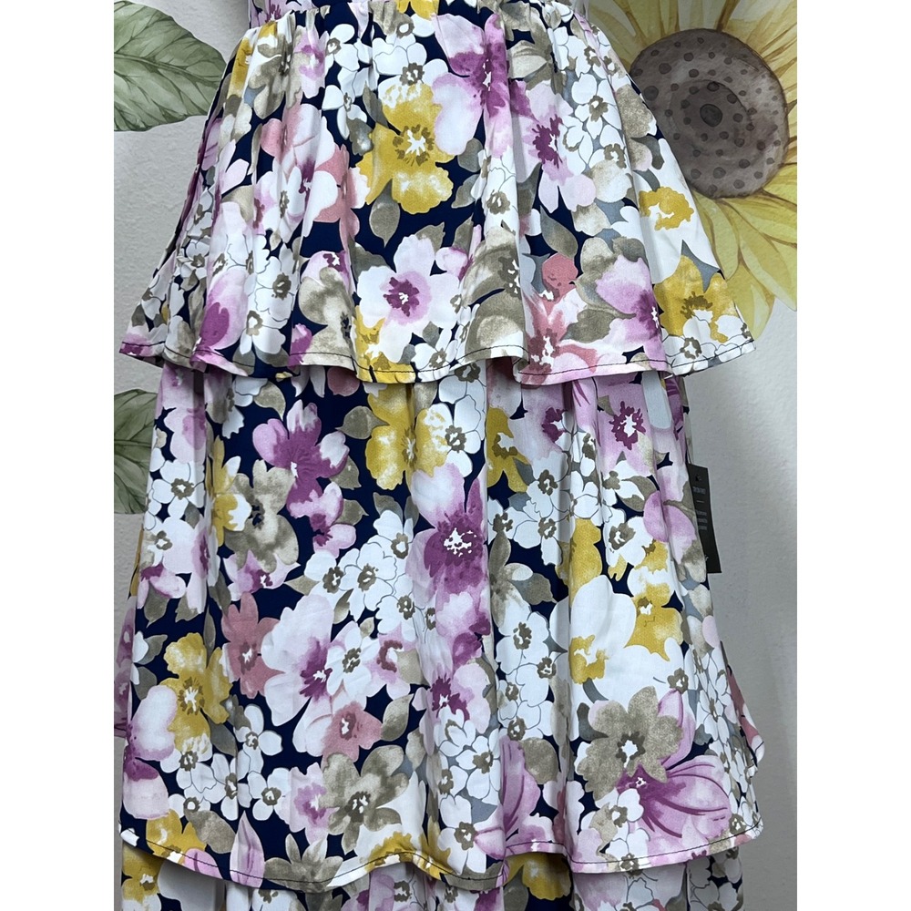 Lulus Floral Tiered Midi Dress Navy Pink Yellow Sweetheart Bustier XS New - Picture 9 of 9